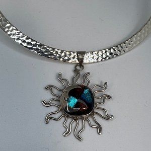 925 Mexico Dichroic Glass Moon/Sun Pendant on Hammered Silverplate Collar